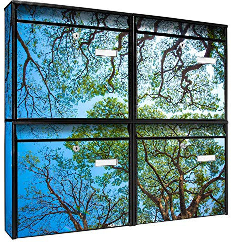 banjado Briefkastenanlage 4 Fach - Postkästen groß - verzinkter Stahl schwarz DIN A4 Motiv Wald Bäume - Briefkasten Set 4 Briefkästen Namensschild, 2 Schlüssel, Montagematerial