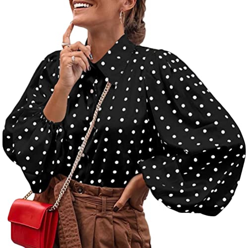 Onsoyours Camicia Donna Elegante Chiffon Blusa a Pois Bavero Maniche a Sbuffo Camicetta da Ufficio Casual Maglietta Top a Manica Lunga Nero XS