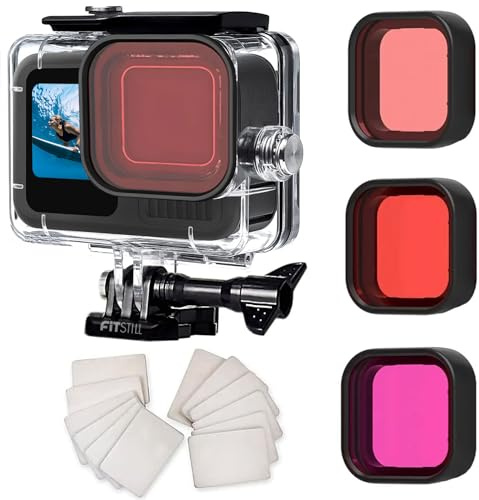 FitStill 60M/196FT Wasserdichtes Gehäuse für Go pro Hero 12/Hero 11/ Hero 10/ Hero 9 Black, Schutzgehäuse für 60M Unterwassertauchen,Go pro Hero 12/11/10/9 Black mit 3 Filtern