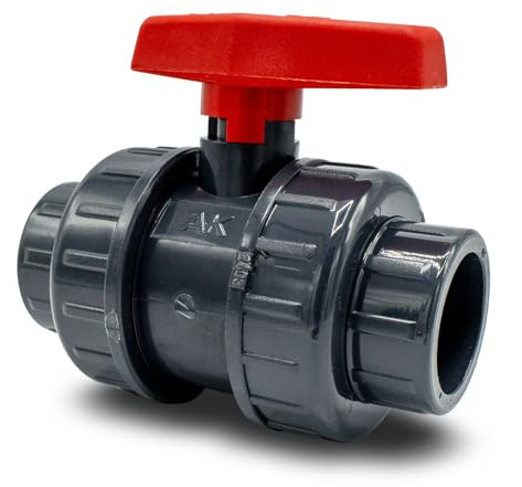 Baumaxxe Válvula de bola PVC 32 mm I Doble unión desmontable radialmente I PN16 PVC-U con juntas EPDM I Corte de paso 2 vías para piscina riego drenaje I bm003