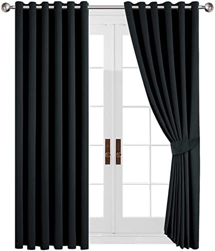 AMEHA Blackout Curtains for Bedroom - Black Eyelet Curtains Living Room - Super Soft Thermal Insulated Short Window Curtain & Drapes with Tiebacks 46 x 54 Inch 2 Panel
