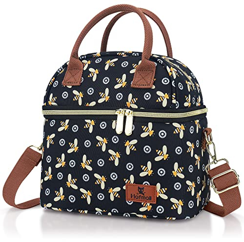 Hafmall Insulated Lunch Bag for Women Men, 9L Dual Compartment Lunch Cool Bag for Work School, Adult Lunch Bag with Shoulder Straps, Bee