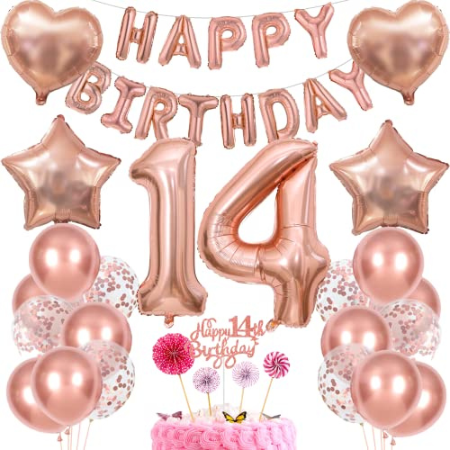 Deko 14. Geburtstag Mädchen Tortendeko Rosegold - Geschenk für 14 Jahre Mädchen Mit Ballon