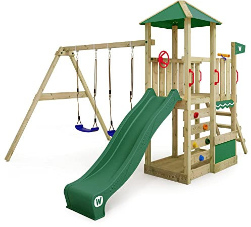 WICKEY Spielturm Klettergerüst Smart Savana mit Schaukel & grüner Rutsche, Outdoor Kinder Kletterturm mit Sandkasten, Leiter & Spiel-Zubehör für den Garten