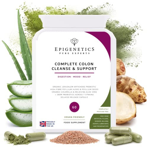 Complete Colon Cleanse & Support | All-in-one Gut Detox & Maintenance | Psyllium, Aloe Vera, Chlorella, Prebiotic + 7 Probiotics | 60 Vegan Capsules (1 Daily)