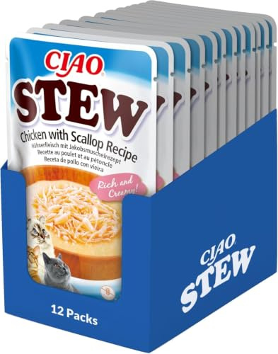 INABA Stew para Gatos - Receta de Pollo y Vieira - Guiso Saludable y Cremoso con Ingredientes Naturales - Sin Cereales, Conservantes ni Colorantes Artificiales - Bajo en Calorías - 480 g (12 x 40 g)