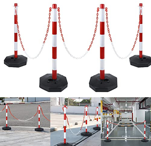 YRHome 4 Stück Absperrpfosten 82x28x28 cm Kettenpfosten aus Kunststoff Absperrung Sperrpfosten mit 4 Absperrketten von 140cm und Standfuß befüllbar mit Wasser und Sand Weiß/Rot Pfosten Kettenständer