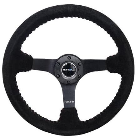 NRG Innovations NRG-RST-036MB-S-RD Verstärktes Lenkrad, 7,6 cm tief, 5 mm mattschwarze Speiche, 350 mm Sportlenkrad, schwarzes Wildleder mit roten Baseballnähten