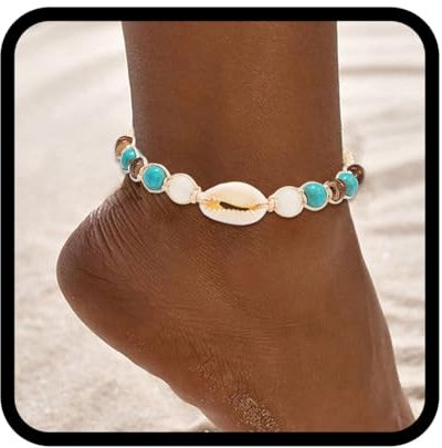 Handcess Boho Fußkettchen Damen Perlen Fussketten Muschel Fußkettchen Geflochtener Fußschmuck für Frauen und Mädchen (Türkis)