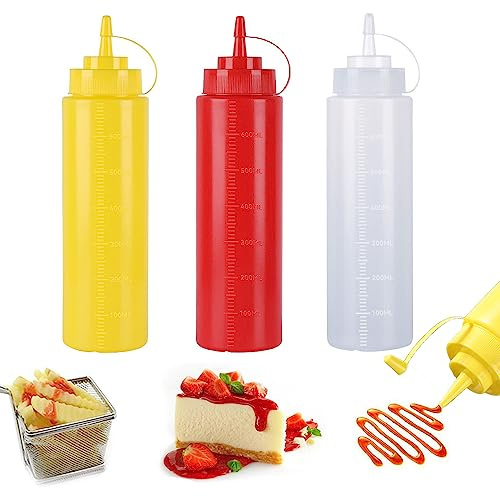SKYPRO 3-Farben-Plastik-Quetschflaschen 600 ml Mehrzweck-Quetschflasche für Ketchup, Öl, Marmelade, BBQ-Sauce, Dressing, Grillen, Handwerk, Sirup-Spender