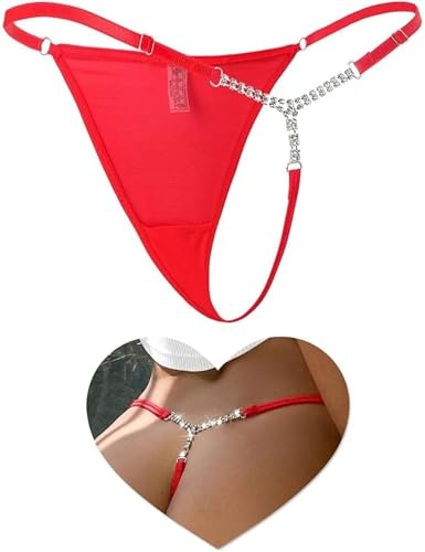 ohyeahlady G-Strings for Women Sexy Shiny Crystal Chain Micro Thongs T-back Tangas Briefs Plus Size Underwear Low Rise Mesh Panties Red,Size 12-14