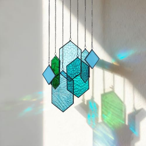 Glasmalerei, Fensterdekoration, Sonnenfänger aus Glasmalerei für Fenster, modernes Design Heimdekoration, Geschenke für Paare (Blau-Grün)