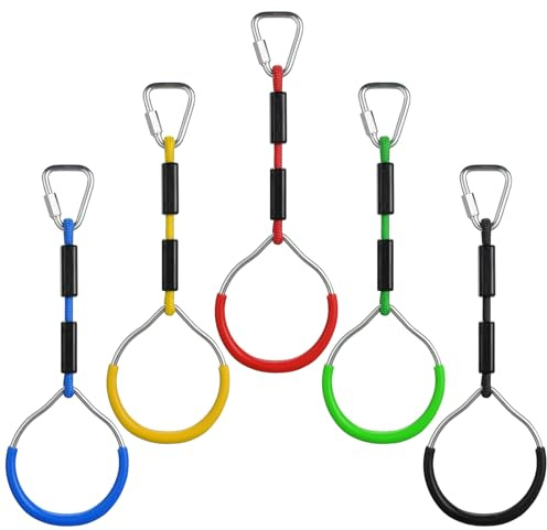 PELLOR 5 PCS Kids Gymnastic Rings, Multifunctional Gym Rings, Backyard Playground Play Sets for Obstacle Ring, Trapeze Bar, Climbing Frame, and Training