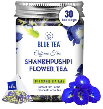 BLUE TEA - Shankhpushpi Flower - 30 Biodegradable Pyramid Tea Bags - Plant Based | Caffeine Free Herbal Tea | Gluten Free, NON-GMO | Premium Pet Jar