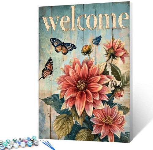 Willkommensschild Malen nach Zahlen für Erwachsene und Anfänger, Malen nach Zahlen, Vintage-Holzmaserung, DIY Schmetterling und Dahlie, Acryl-Malen-nach-Zahlen-Set auf Leinwand, für Erwachsene und