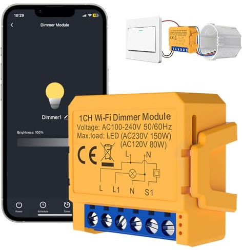 AVATTO Dimmschalter Smart WiFi Mini Dimmer Modul Unterstützen Alexa, Google Home Sprachsteuerung und Smart Life App Fernbedienung【Nullleiter erforderlich, 1 Gang】