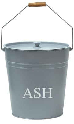 Trendi 15 Litre Grey Metal Ash Bucket Wooden Handle & Lid Handle Fireplace Container Coal Storage | Log Holder | Fire Pit Wood Burning Stove Bin, Living Room, Fireplace