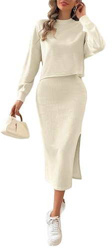 Kate Kasin Abito da donna in maglia a due pezzi, a maniche lunghe, con gonna a midi e body con 2 pezzi, beige., XL