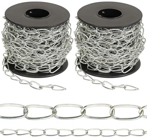 WUBOECE 2Pack Jack Chain with Spool, 60Ft Totally Galvaniz Iron Hanging Chain, Metal Link Chain for Hanging Plants, Bird Feeders, Overhead Lights, Silver (16mm*18m)