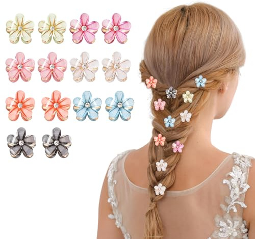MWOOT 14 Pezzi Fermaglio per Capelli Fiore Piccolo, Mini Mollette Capelli Fiore con Strass per Donna, Clip per Capelli Artiglio, Multicolore Accessori Capelli per Matrimonio Festa Quotidiano