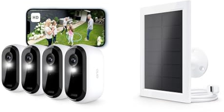 Arlo Essential 2 HD Akku Überwachungskamera Aussen WLAN + Solar Panel, Kabellos, 1080p Video, Farbnachtsicht, Licht, Bewegungsmelder, Sirene, 2-Wege Audio, Smart Home, Secure Testzeitraum, 4er Set