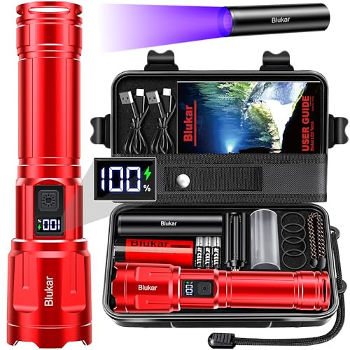 Blukar LED Torch Super Bright - 3 Color Temperatures & 4 Modes, Rechargeable, Long-Lasting 5000mAh, Adjustable Focus, IP67 Waterproof Handheld Torch Flashlight for Camping, Emergency, Hiking etc- Red