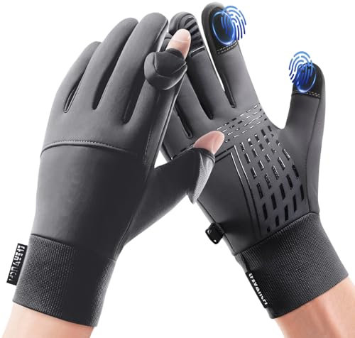 YUFFQOPC Fingerlose Handschuhe Herren, Wind und wasserdichte Handschuhe Fingerlos Herren, Unisex Warme Handschuhe Smartphone Herren, Handschuhe Herren Winter für Laufen Fahren Angeln Wandern, Grau