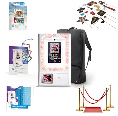 HP Sprocket Photo Booth Machine Instant Color Photo Printer (White) + Zink Paper (100 Sheets) + Red Carpet (1) + Case (1) & more