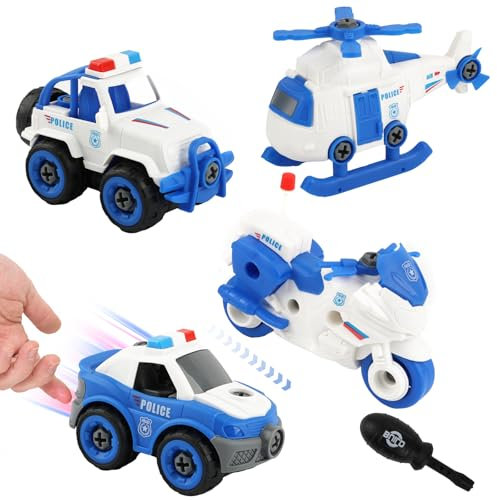 Auto Spielzeug ab 3 Jahre, 5 Stück Polizeiauto Montage mit Schraubendreher, Fahrzeuge Kinderwerkzeug, Spielzeugautos Set mit Polizei-Einsatzwagen Motorrad Flugzeug für Junge