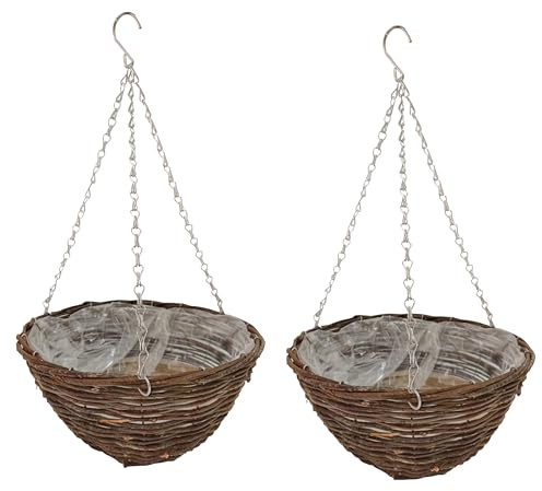 2 x Rattan Hanging Baskets 12” – Round Outdoor Planters with Liner & Chains – Garden Ready Weather Resistant Wicker 12 Inch Basket Flower Pots – Set of 2 30cm Baskets for UK Gardens Plants & Flowers