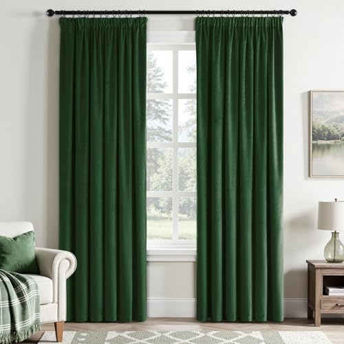 EMEMA Samtvorhang mit Kräuselband Dunkelgrün Samt Gardinen Deko Blickdichte Vorhänge 2er Set, Schöne Dicke und Schwere Wohnzimmer Schlafzimmer Verdunkelung Thermovorhang Samt kräuselband, H225xB140 cm