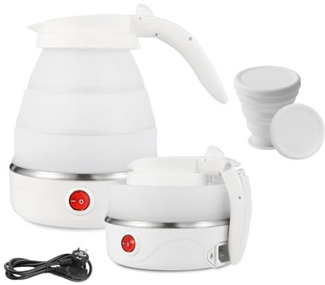NHQZ Bouilloire Pliable 600 ML,Bouilloire électrique en Silicone avec Fond en Acier Inoxydable - Mini Bouilloire de Voyage Portable,Petite Bouilloire Electrique,avec Tasse Pliable,pour Camping,Voyage