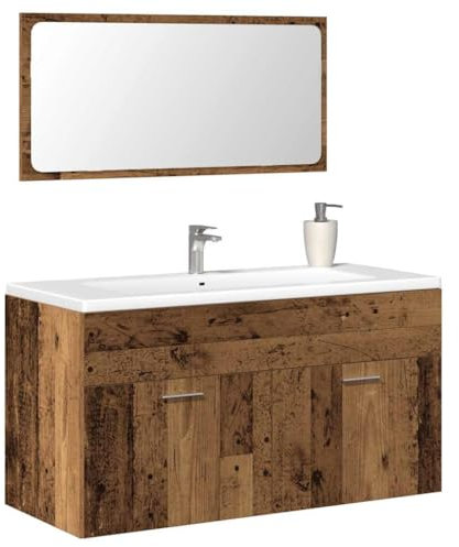 Gecheer Mobile da Bagno in Legno Antico Multistrato con Specchio - Set Arredo Completo Moderno con Mobiletto e Lavabo - P856381