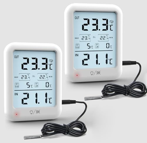 2Packs Digital Refrigerator Thermometer with Waterproof Probe, High Low Alarm & Max Min Memory for Fridge, Freezer, Aquarium, Reptile, RV, Wine Cellar (2)