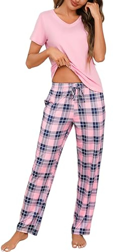 Bresdk Pyjama Femme Coton Ensembles de Pyjamas Courte Manches Longues Carreaux Confortable pour Nuit d'Été et d'hiver Élégante et Confortable