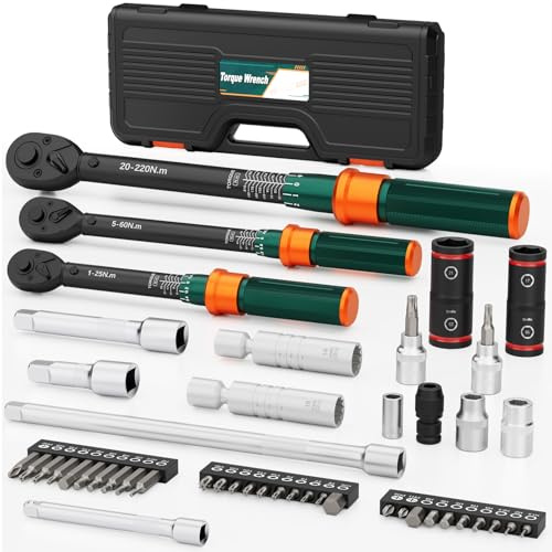 NADOKHI Llave Dinamométrica 1/4 3/8 1/2, 47 Piezas 1-25Nm/5-60Nm/20-220Nm | Torque Wrench Set con Cabezal Reversible de 72 Dientes, Precisión de ±3%, para Coche, Bicicleta, Moto