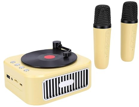 Jectse Mini Macchina per Karaoke, Altoparlante Portatile con 2 Microfoni Wireless per Bambini Adulti, Suono HiFi Riproduzione 5H Design retrò Festa in Casa Regalo da Viaggio All'aperto (YELLOW)