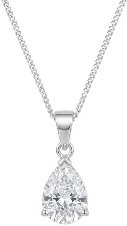 Heather Needham 925 Sterling Silver Pear Shaped Cubic Zirconia Solitaire Pendant Necklace, 7x8mm Teardrop CZ, 16 Inch Silver Chain 007CZ