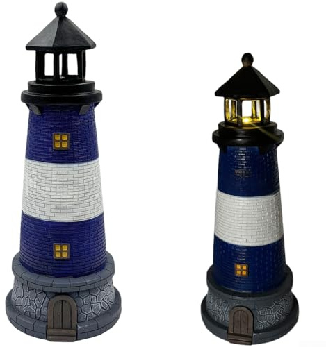 Feeshoppher Faro ornamentale a energia solare in resina con stile mediterraneo e illuminazione notturna automatica per giardino, patio o prato, design costiero blu e rosso (A)