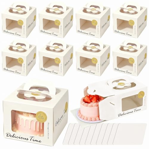 10PCS White Cake Boxes Carrier with Window, 16x16x12cm Square Paper Bakery Boxes with Handle & Base, Cake Holder Display Box Bakery Packaging Box for Birthday WeddingParty Baby Shower (Delicious time)