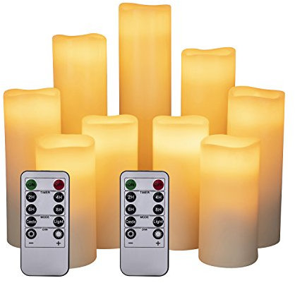Hanzim LED Kerzen Set von 9 Flammenlose Kerzen Batteriebetriebene Kerzen D2.2xH 4 5 6 7 8 9 Echtwachssäule Kerzen Flackern mit Fernbedienung und Timer-Steuerung, Elfenbein Farbe（9x1）