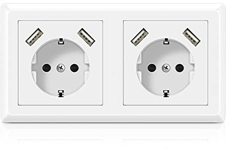 Kaifire Doppelsteckdose mit USB Anschluss, Schutzkontakt Schuko Unterputz USB Steckdose Weiß System 55X55 Passt in Standard 2-fach Unterputzdose Wandsteckdose für Smartphone Tablette