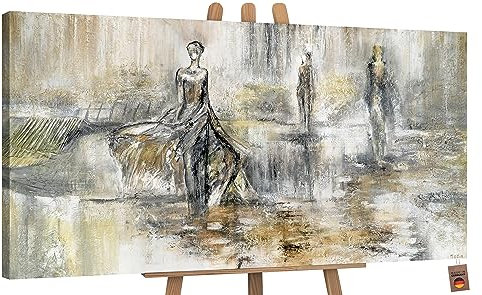 YS-Art Abstrakt Acryl Gemälde auf Leinwand handgemalt Modenschau Wandbilder Wohnzimmer moderne grau beige braun Retro Wohndekor Bilder echte Kunst 100x50 cm