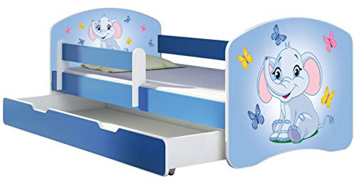 ACMA Kinderbett Jugendbett mit Einer Schublade und Matratze Blau mit Rausfallschutz Lattenrost II 140x70 160x80 180x80 (26 Elefant, 140x70 + Bettkasten)