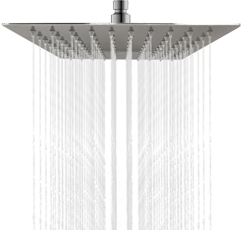 Simple Bathroom Rainfall Shower Head 8 inch Large Top Spray Square Showerhead 304 Stainless Steel Ultra Thin Powerful High-Pressure, UK Standard Size with 1/2 BSP Thread