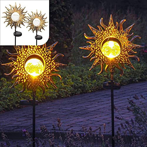Gadgy Solar-Gartenleuchten 2er-Set in Sonnenform – Dekostäbe im orientalischen Vintage-Stil für den Außenbereich, solarbetriebene Beleuchtung für Garten, Terrasse und Hof