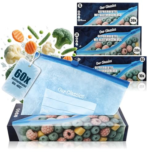 com-four® 60-tlg. Set Gefrierbeutel 1L, 3L, 6L zum Verschließen | wiederverschließbare Frischhaltebeutel zur Lebensmittelaufbewahrung - Allzweckbeutel bis -40°C