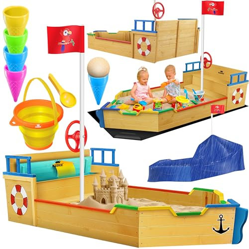 KIDIZ® Sandkasten AHOI - Piratenschiff Boot Segelschiff aus Holz Inkl. Abdeckung, Bodenplane, Sitzbank, Flaggenmast, Spielzeuge | Große Kinder Sandkiste für den Garten | Outdoor Sandbox Bunt