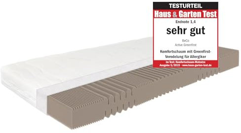 BeCo Matratze, Active Greenfirst, 90 x 200 cm, H2, Komfortschaum, Oeko-TEX Standard 100, Testsieger in Haus & Garten: SEHR GUT 1,4 (Heft 05/2019), Made in Germany, 100 Nächte Testschlafen