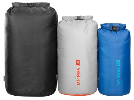 Tatonka torrpåse set 3 (10 l/18 l/30 l) – tre vattentäta packpåsar med rullstängning och spänne – tillverkade av återvunnen polyester – 10, 18 och 30 liter volym (olika färger)